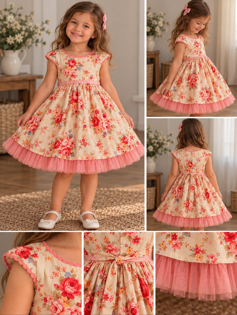 Sweet Elegance Floral Rose Tulle Party Dress – Girls 5–6 Years 🌹